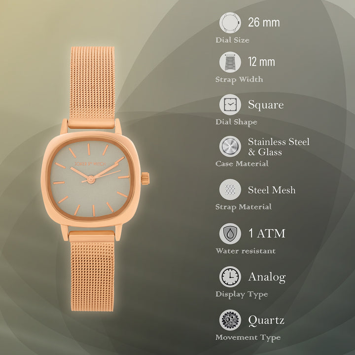 Cinque Grey Mini Square Dial Rose Gold Mesh Strap Women's Watch