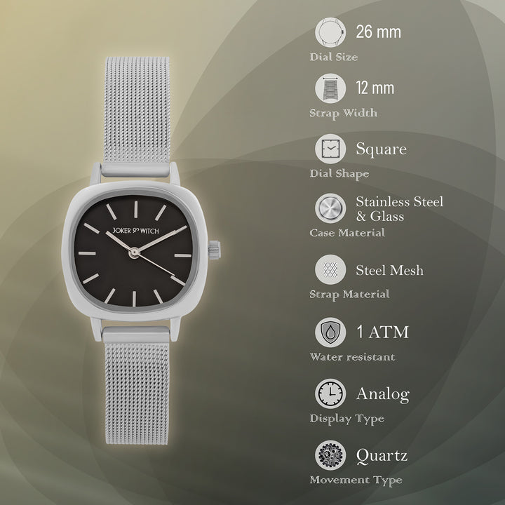 Cinque Black Mini Square Dial Silver Mesh Strap Women's Watch