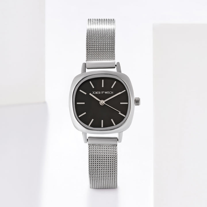 Cinque Black Mini Square Dial Silver Mesh Strap Women's Watch