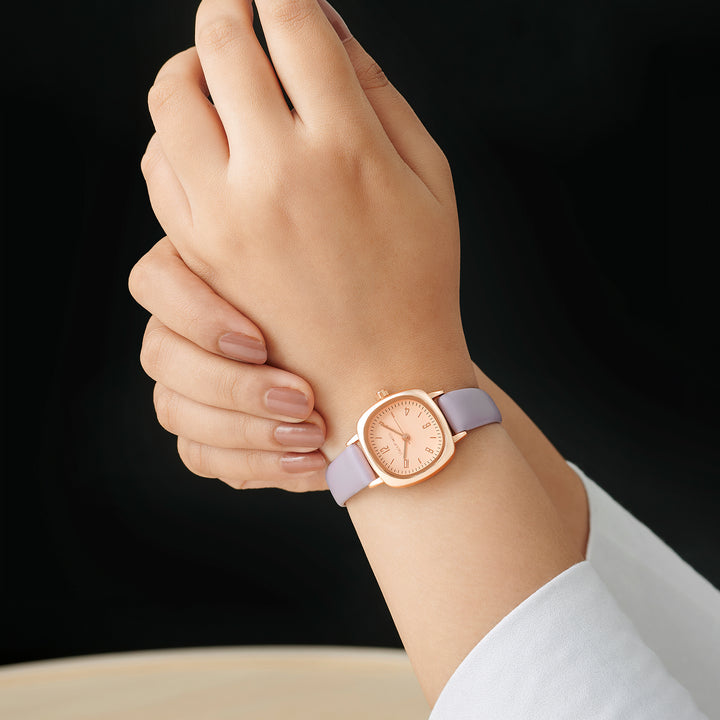 Cinque Rose Gold Mini Square Dial Lavendar PU Strap Women's Watch