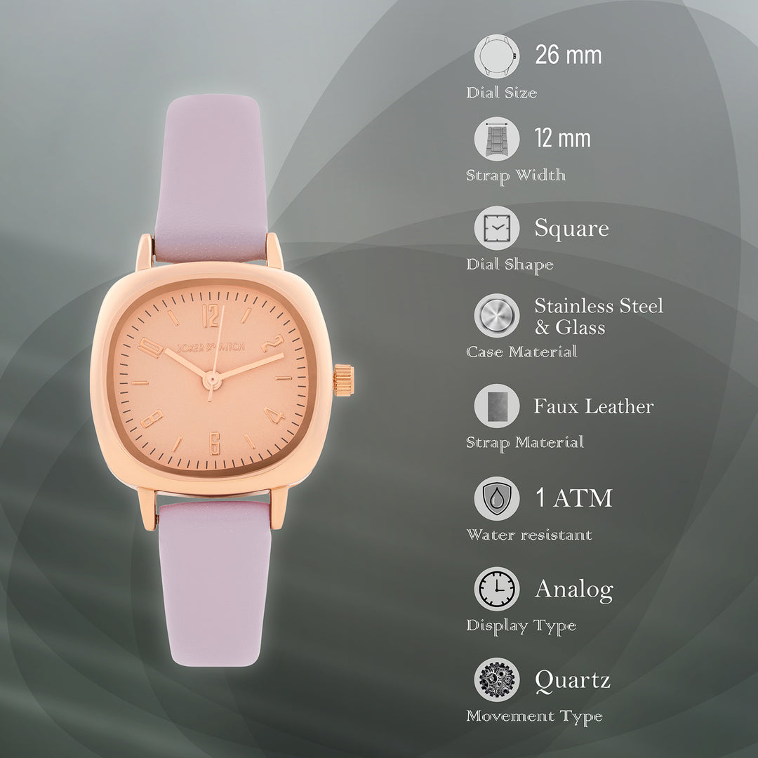 Cinque Rose Gold Mini Square Dial Lavendar PU Strap Women's Watch