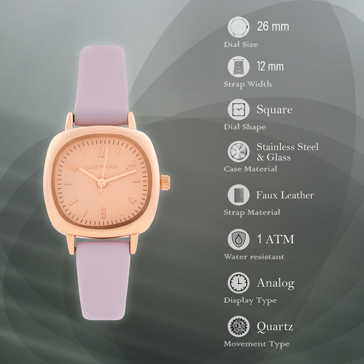 Cinque Rose Gold Mini Square Dial Lavendar PU Strap Women's Watch