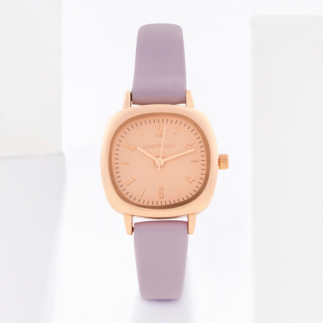 Cinque Rose Gold Mini Square Dial Lavendar PU Strap Women's Watch