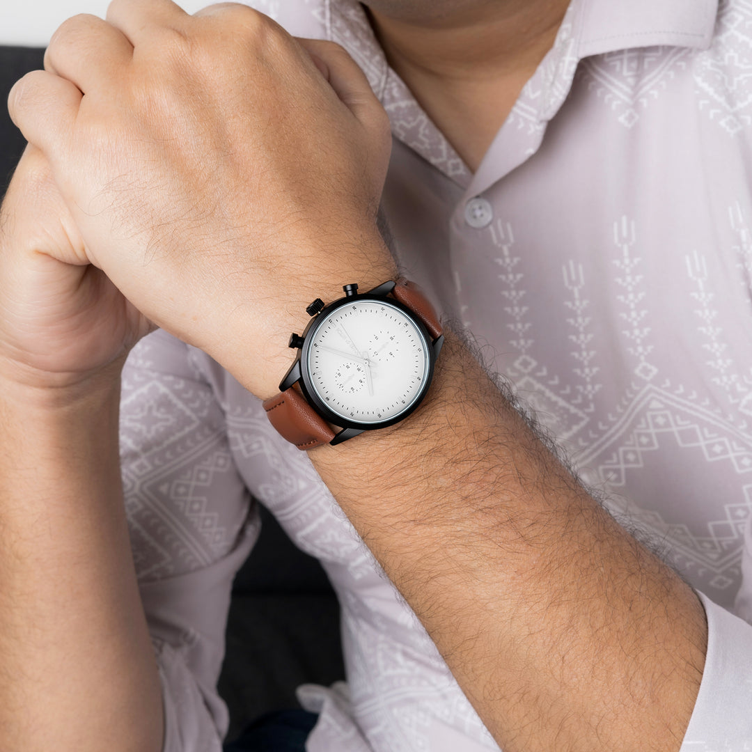 Beetle White Large Dial Brown PU Strap Men's Watch