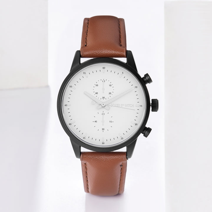 Beetle White Large Dial Brown PU Strap Men's Watch