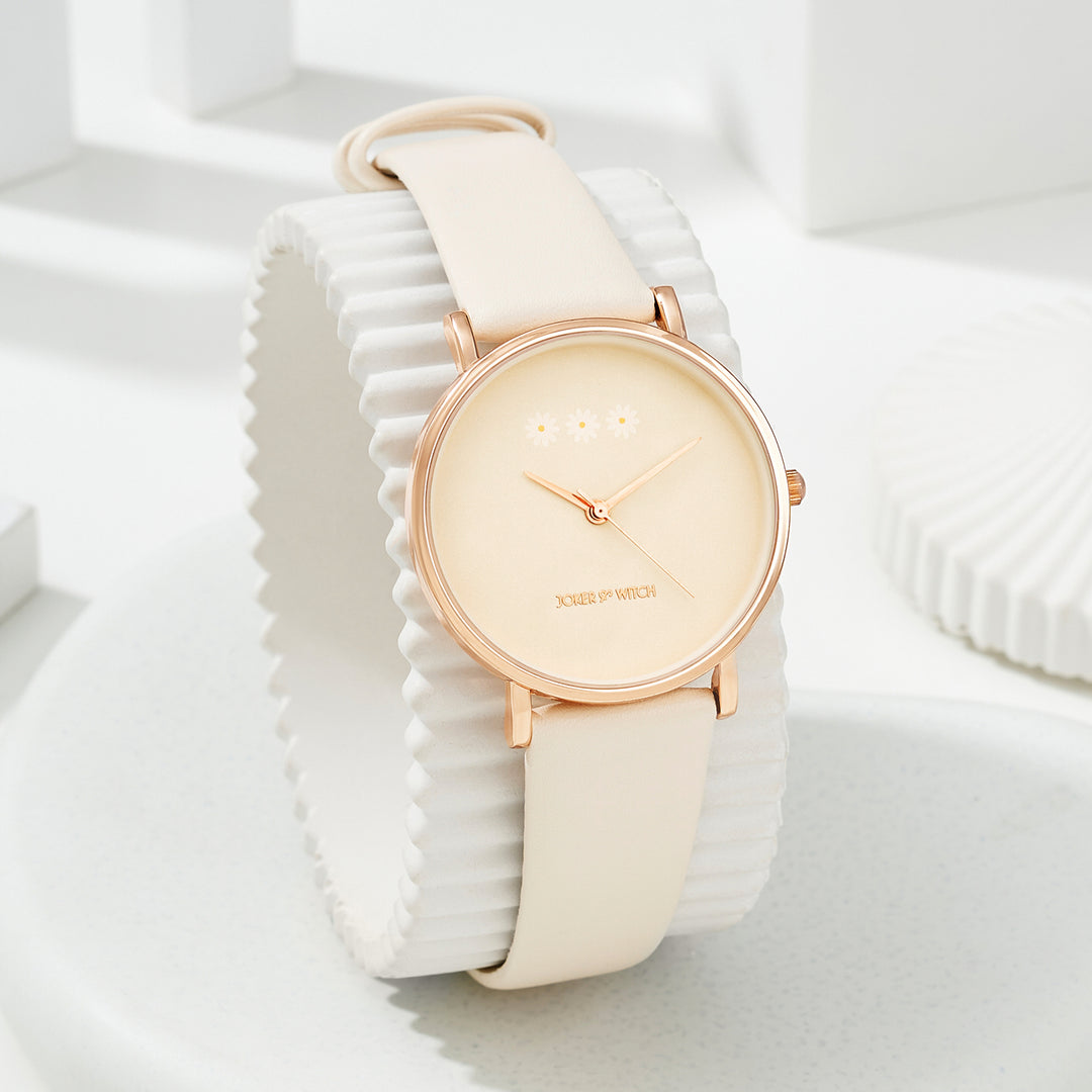 Printed Cream Beige Medium Dial PU Strap Women's Watch