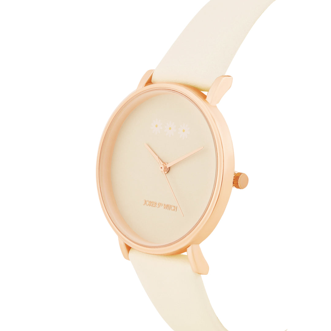Printed Cream Beige Medium Dial PU Strap Women's Watch