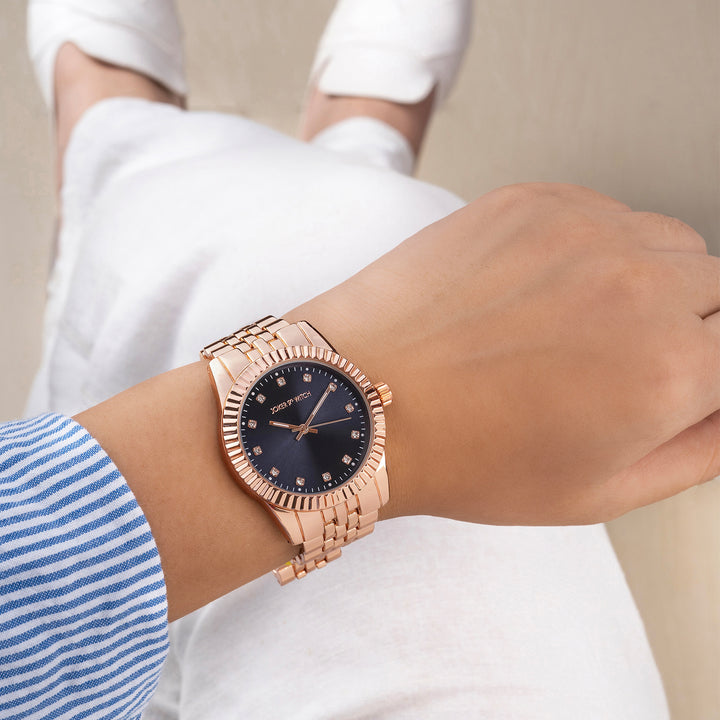 Meridian Blue Large Dial Rose Gold Linked Chain Strap Women's Watch