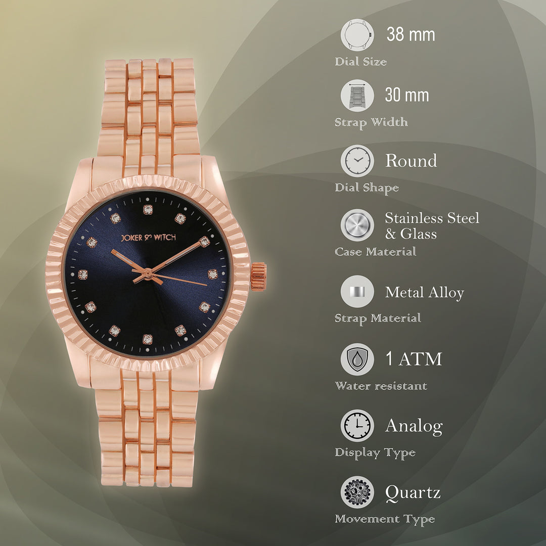 Meridian Blue Large Dial Rose Gold Linked Chain Strap Women's Watch