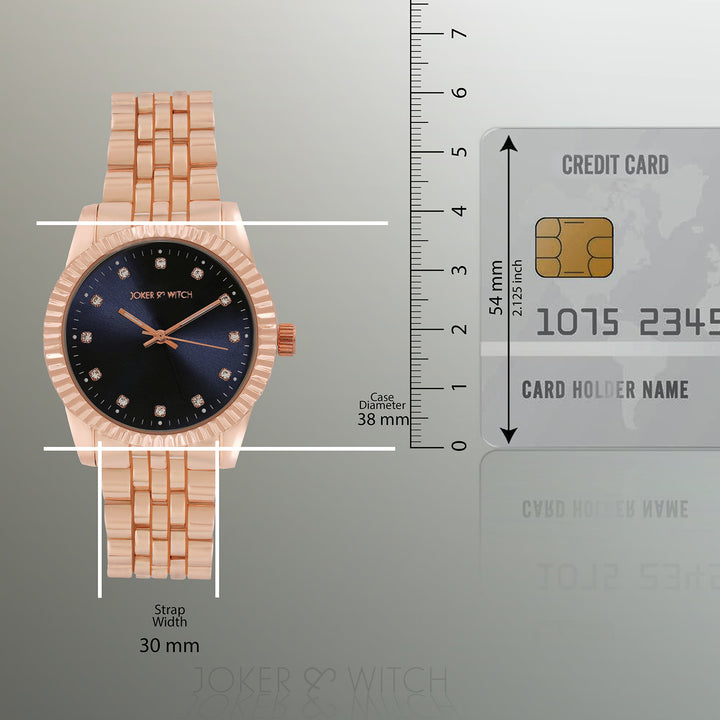 Meridian Blue Large Dial Rose Gold Linked Chain Strap Women's Watch