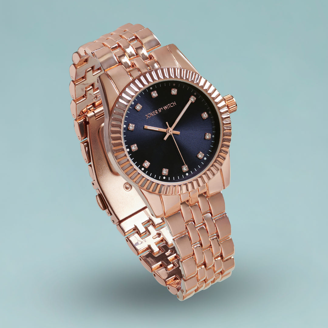 Meridian Blue Large Dial Rose Gold Linked Chain Strap Women's Watch
