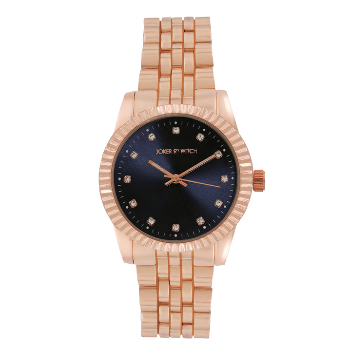 Meridian Blue Large Dial Rose Gold Linked Chain Strap Women's Watch