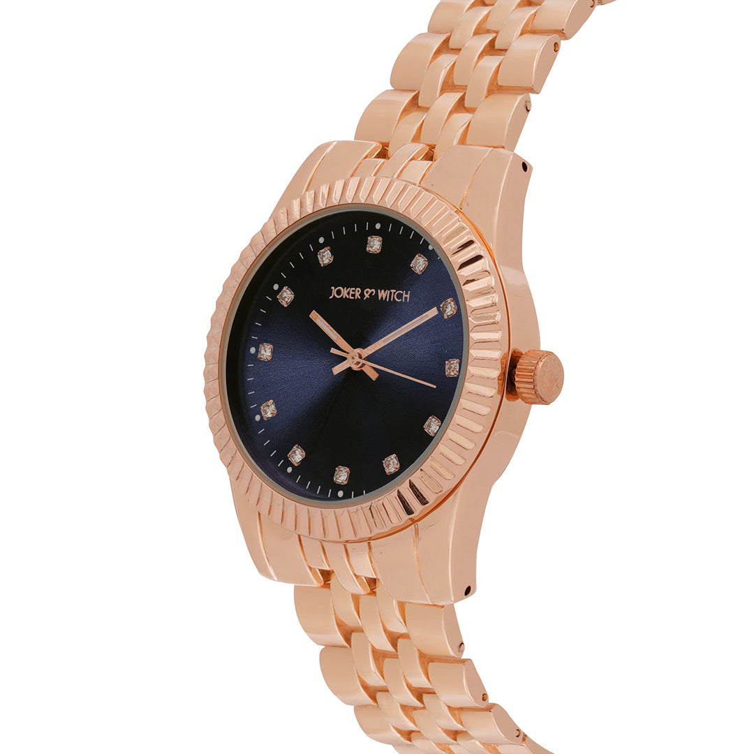 Meridian Blue Large Dial Rose Gold Linked Chain Strap Women's Watch