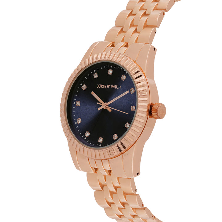 Meridian Blue Large Dial Rose Gold Linked Chain Strap Women's Watch