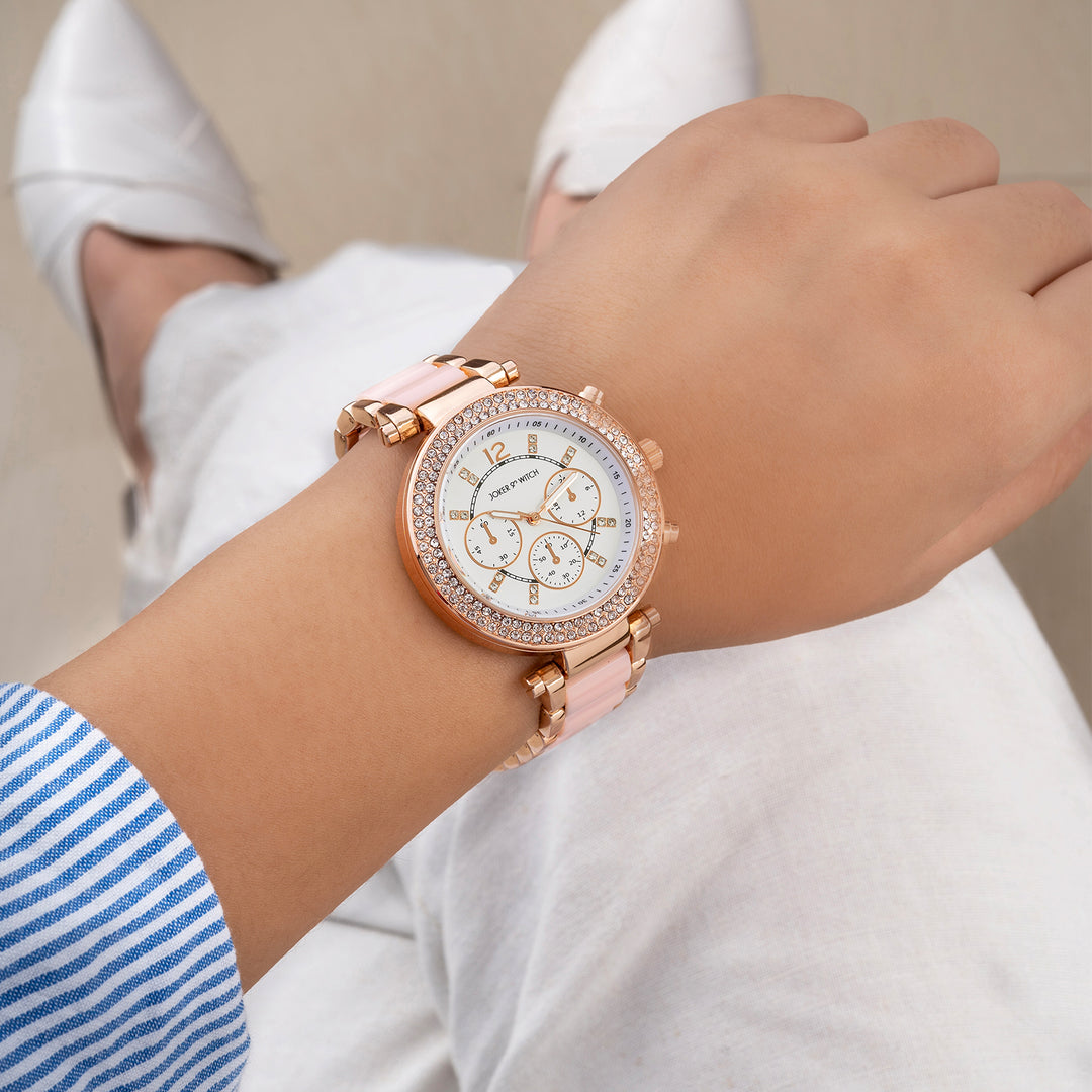 Suzanne White Large Rhinestone Dial Pink Ceramic Linked Chain Strap Women's Watch