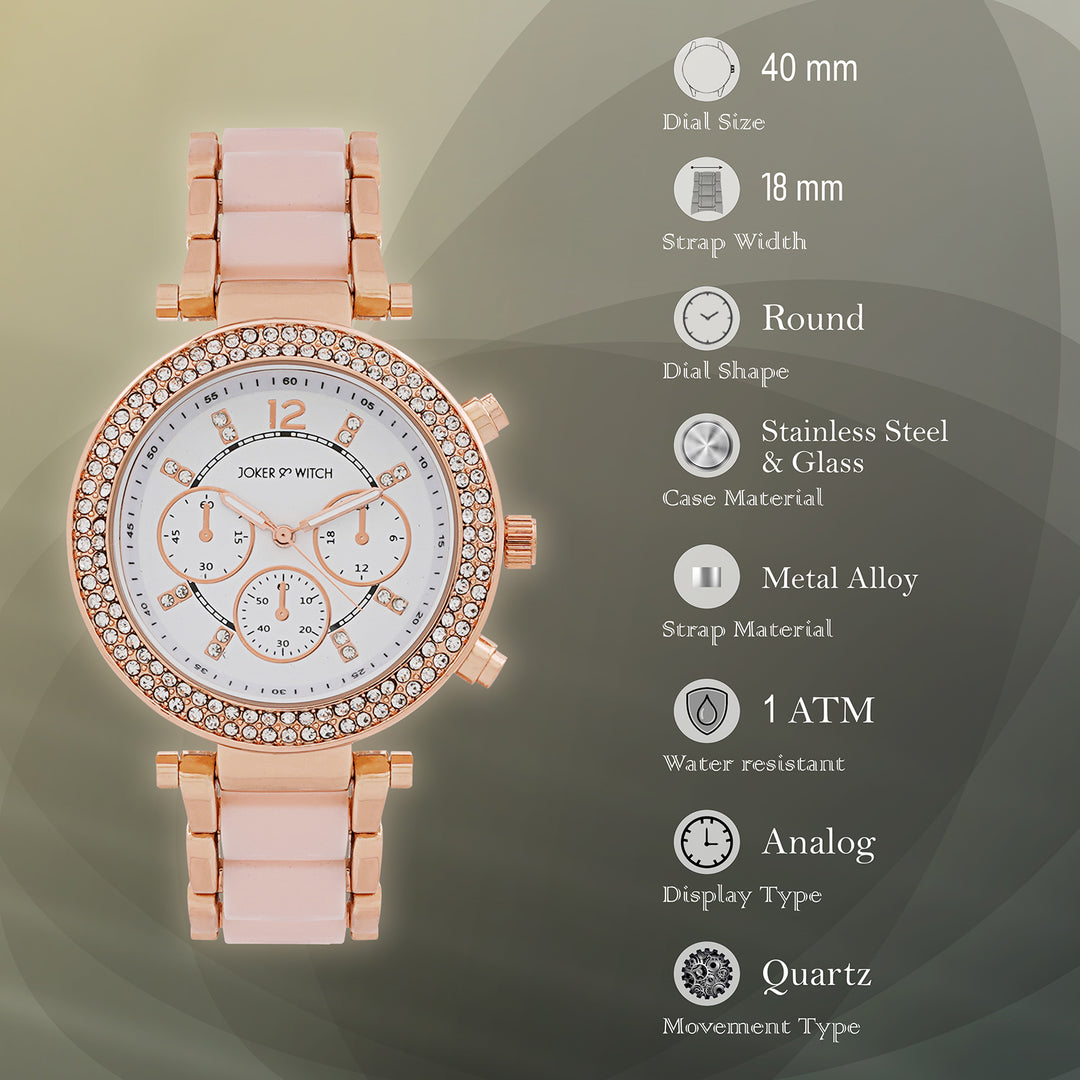 Suzanne White Large Rhinestone Dial Pink Ceramic Linked Chain Strap Women's Watch