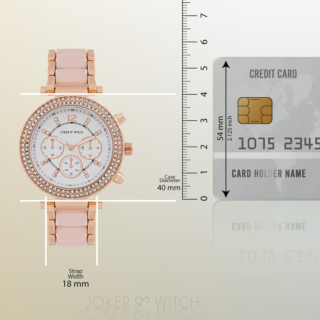 Suzanne White Large Rhinestone Dial Pink Ceramic Linked Chain Strap Women's Watch