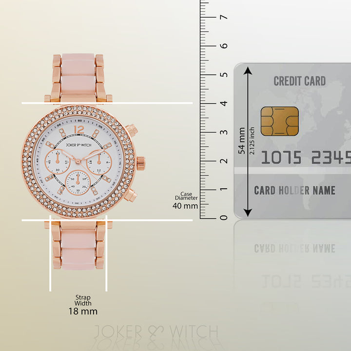 Suzanne White Large Rhinestone Dial Pink Ceramic Linked Chain Strap Women's Watch