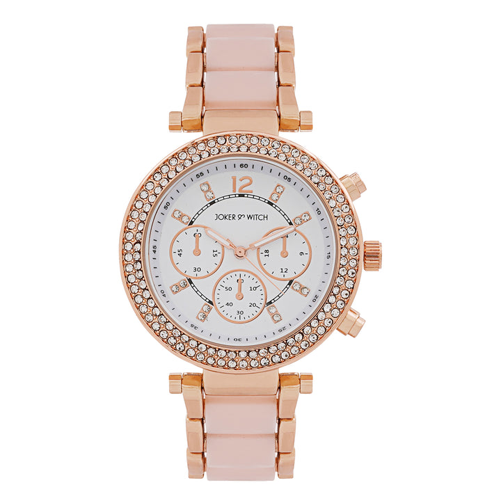 Suzanne White Large Rhinestone Dial Pink Ceramic Linked Chain Strap Women's Watch