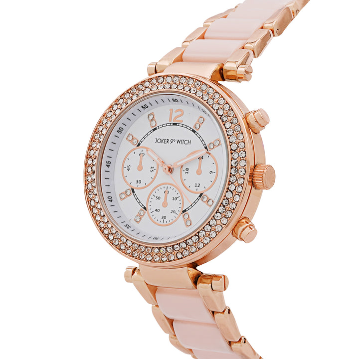 Suzanne White Large Rhinestone Dial Pink Ceramic Linked Chain Strap Women's Watch