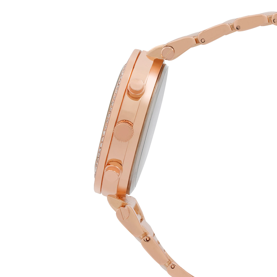 Suzanne White Large Rhinestone Dial Pink Ceramic Linked Chain Strap Women's Watch