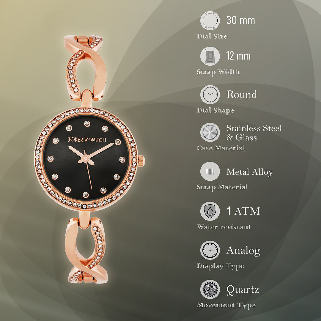 Noella Black Small Rhinestone Dial Rose Gold Bracelet Strap Women's Watch