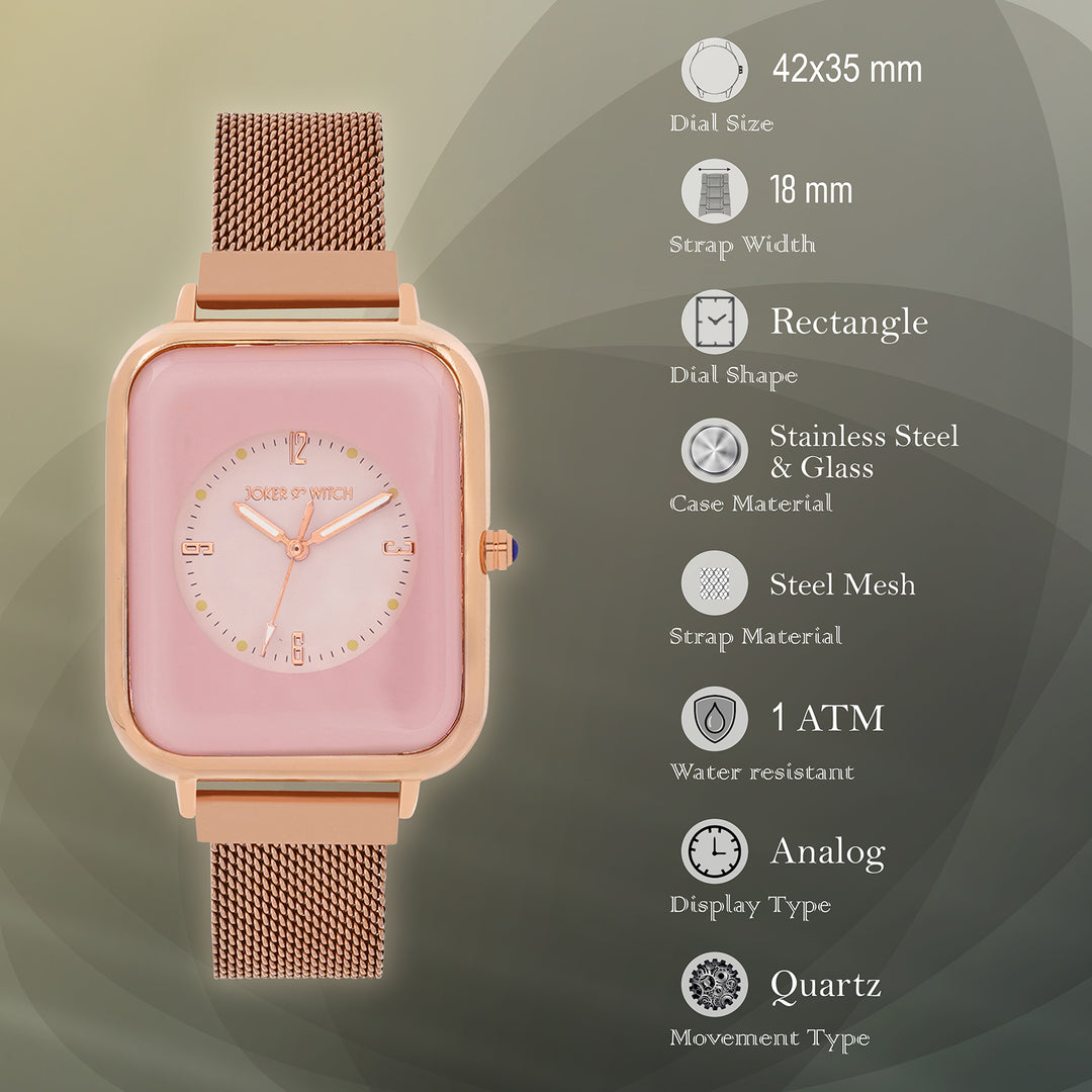 Utopia Pink Medium Rectangle Dial Rose Gold Magnetic Strap Women's Watch