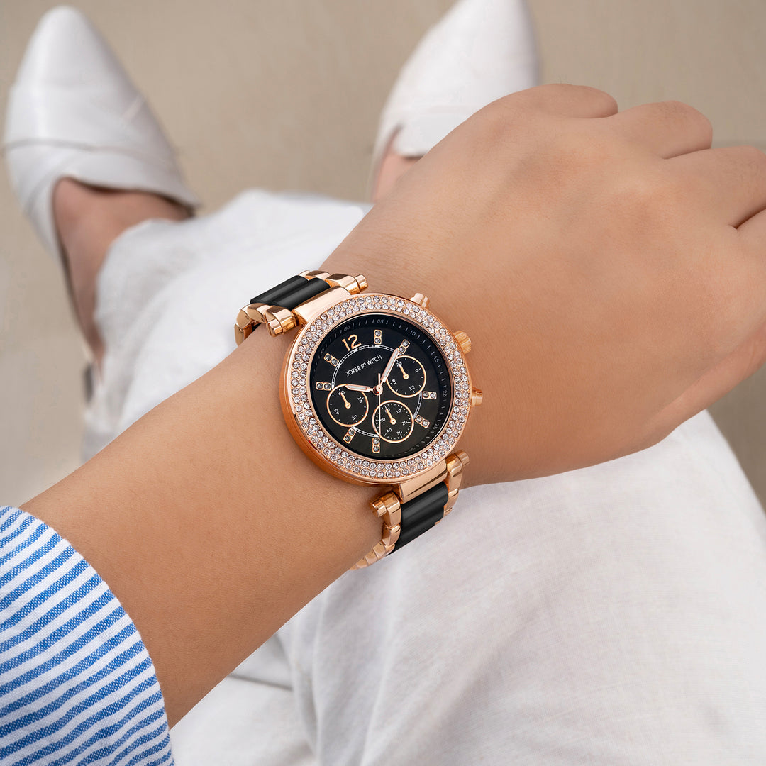 Suzanne Black Large Rhinestone Dial Black Ceramic Linked Chain Strap Women's Watch