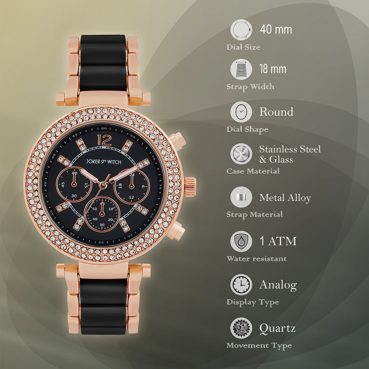 Suzanne Black Large Rhinestone Dial Black Ceramic Linked Chain Strap Women's Watch