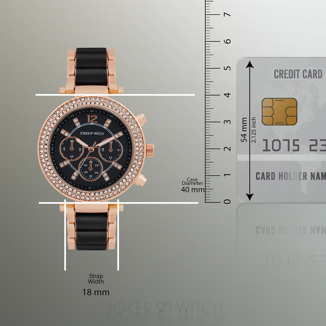 Suzanne Black Large Rhinestone Dial Black Ceramic Linked Chain Strap Women's Watch