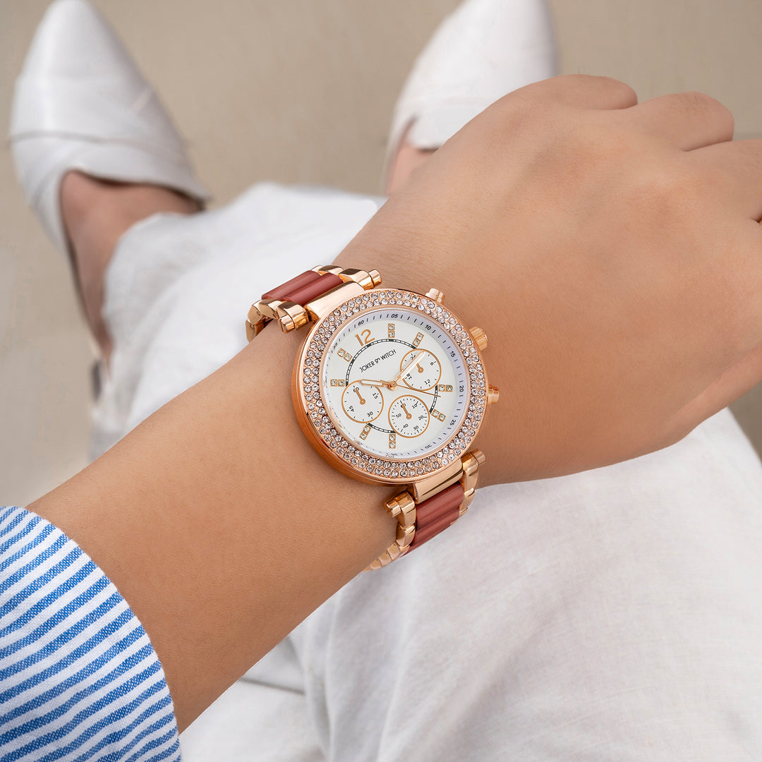 Suzanne White Large Rhinestone Dial Maroon Ceramic Linked Chain Strap Women's Watch