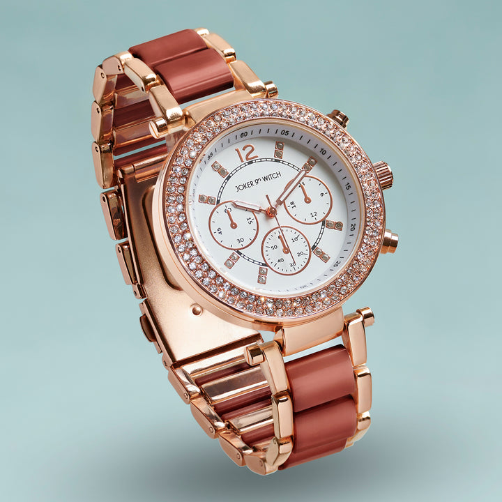 Suzanne White Large Rhinestone Dial Maroon Ceramic Linked Chain Strap Women's Watch