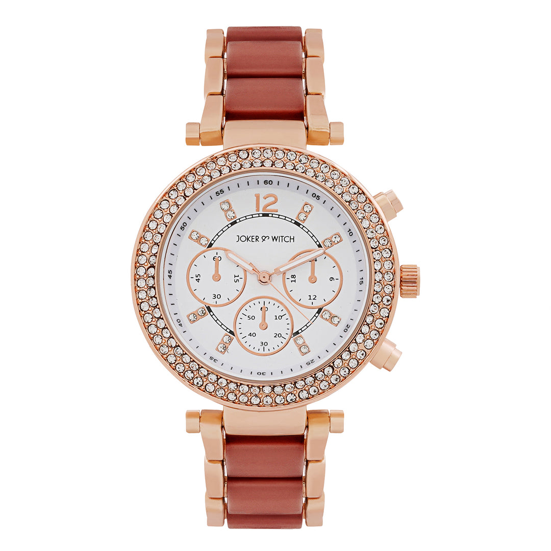 Suzanne White Large Rhinestone Dial Maroon Ceramic Linked Chain Strap Women's Watch