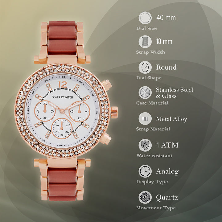 Suzanne White Large Rhinestone Dial Maroon Ceramic Linked Chain Strap Women's Watch