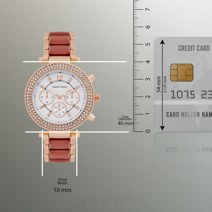 Suzanne White Large Rhinestone Dial Maroon Ceramic Linked Chain Strap Women's Watch