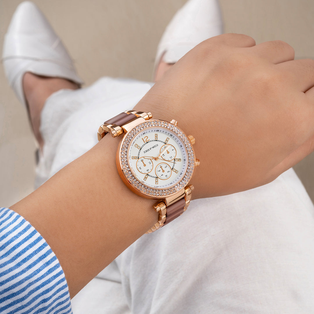 Suzanne White Large Rhinestone Dial Brown Ceramic Linked Chain Strap Women's Watch