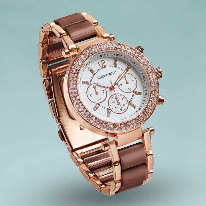 Suzanne White Large Rhinestone Dial Brown Ceramic Linked Chain Strap Women's Watch