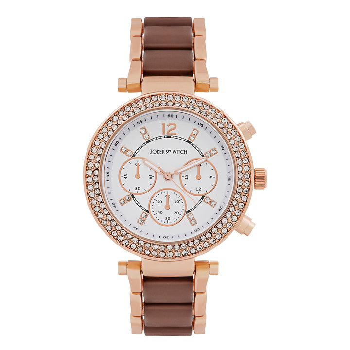 Suzanne White Large Rhinestone Dial Brown Ceramic Linked Chain Strap Women's Watch