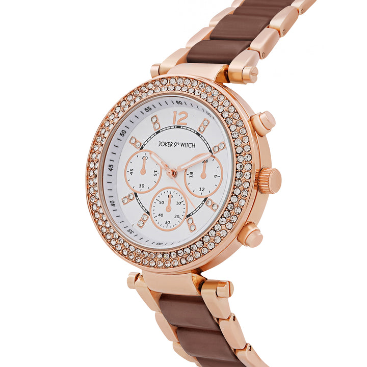Suzanne White Large Rhinestone Dial Brown Ceramic Linked Chain Strap Women's Watch