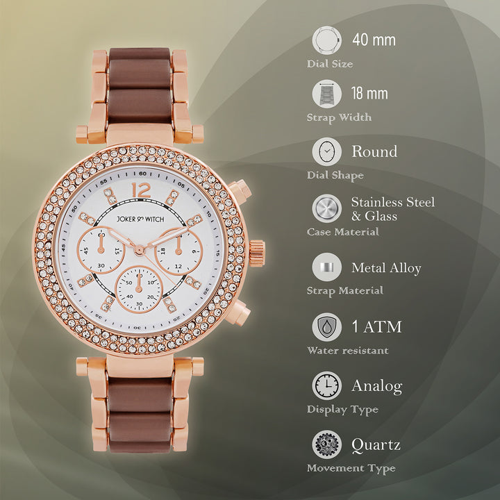 Suzanne White Large Rhinestone Dial Brown Ceramic Linked Chain Strap Women's Watch