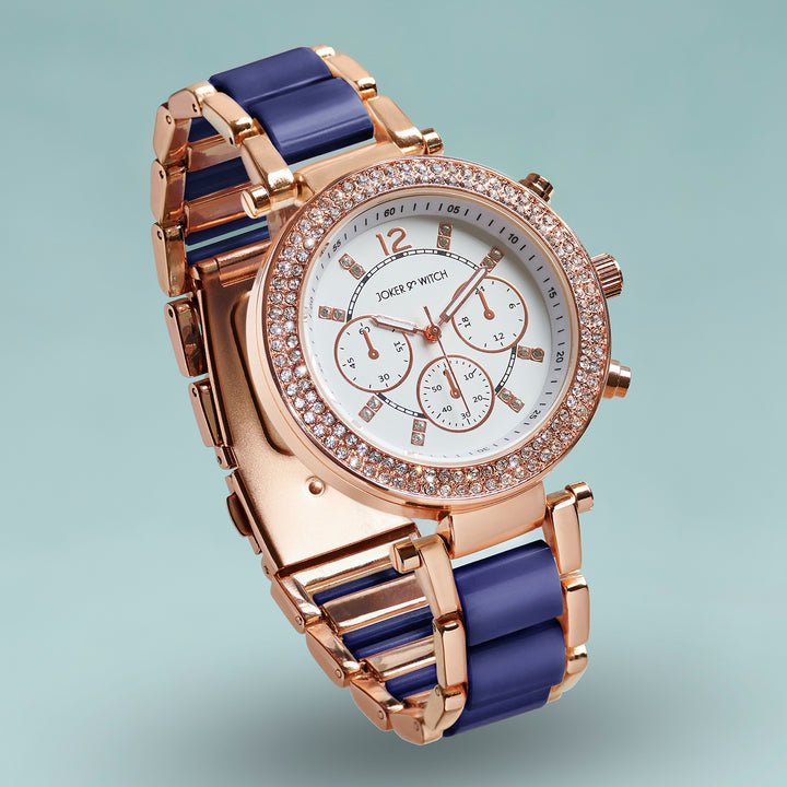 Suzanne White Large Rhinestone Dial Navy Ceramic Linked Chain Strap Women's Watch