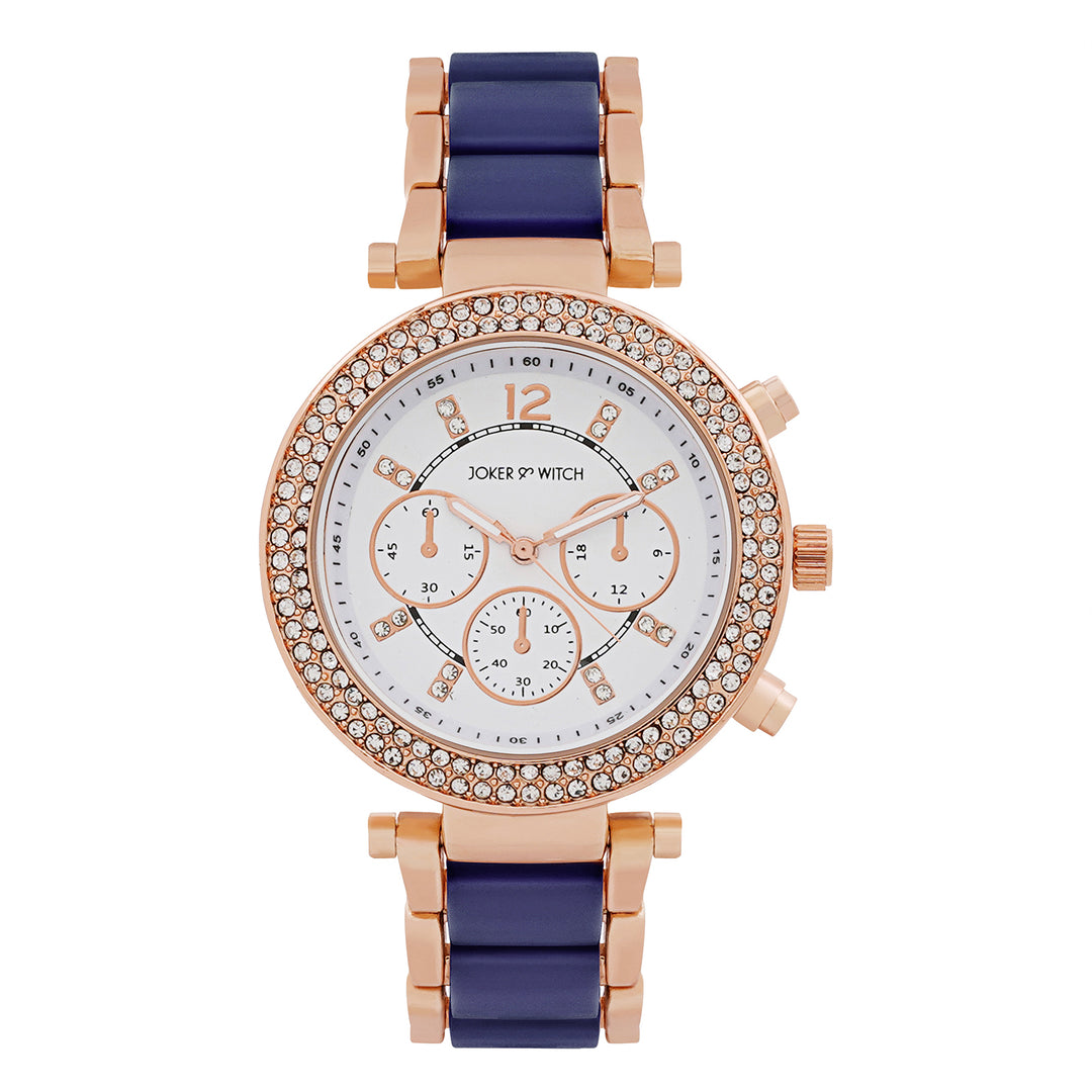 Suzanne White Large Rhinestone Dial Navy Ceramic Linked Chain Strap Women's Watch