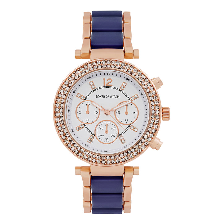 Suzanne White Large Rhinestone Dial Navy Ceramic Linked Chain Strap Women's Watch