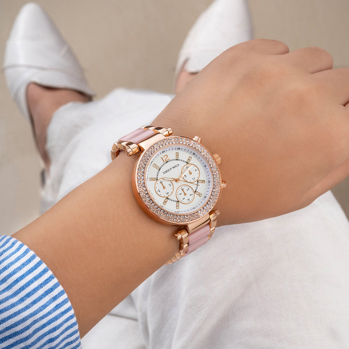 Suzanne White Large Rhinestone Dial Lavendar Ceramic Linked Chain Strap Women's Watch