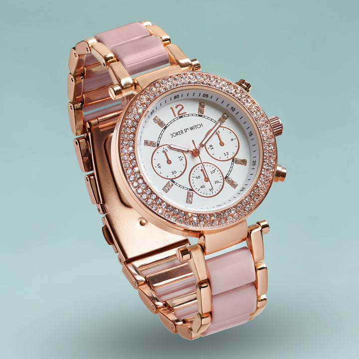 Suzanne White Large Rhinestone Dial Lavendar Ceramic Linked Chain Strap Women's Watch