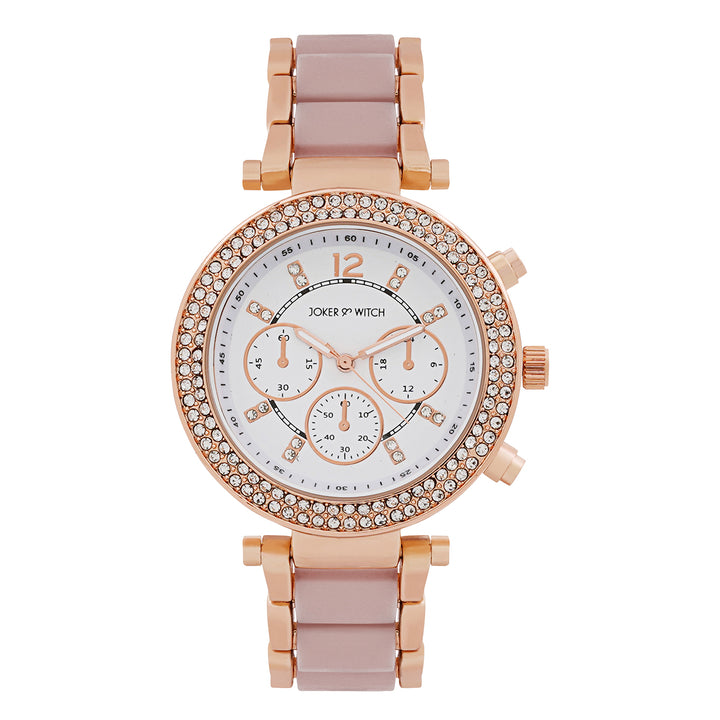 Suzanne White Large Rhinestone Dial Lavendar Ceramic Linked Chain Strap Women's Watch