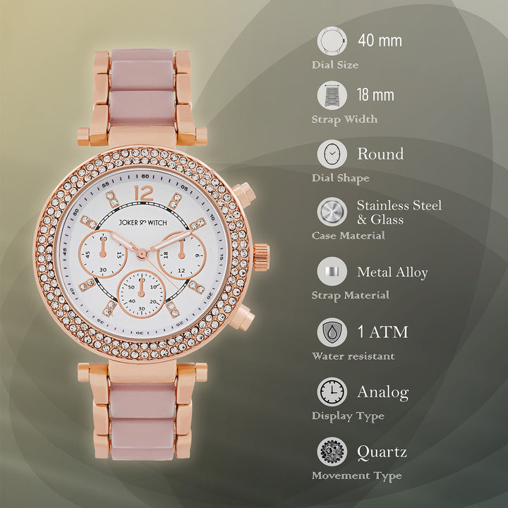 Suzanne White Large Rhinestone Dial Lavendar Ceramic Linked Chain Strap Women's Watch