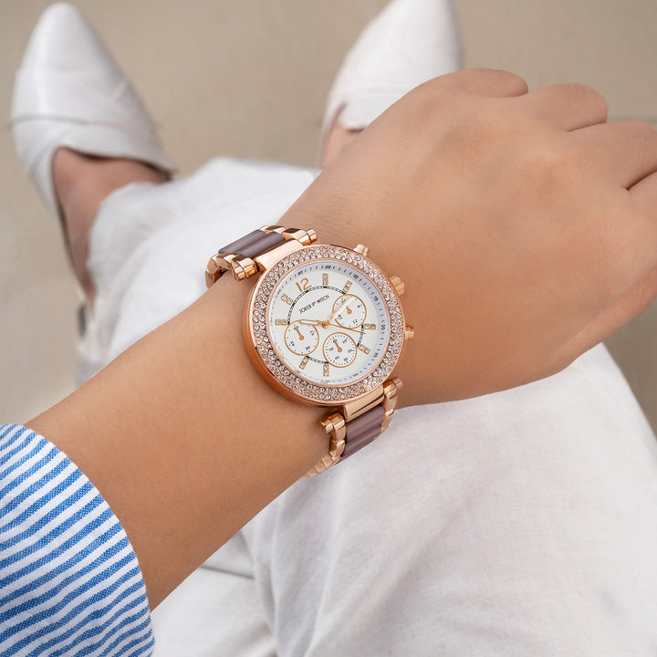 Suzanne White Large Rhinestone Dial Taupe Ceramic Linked Chain Strap Women's Watch