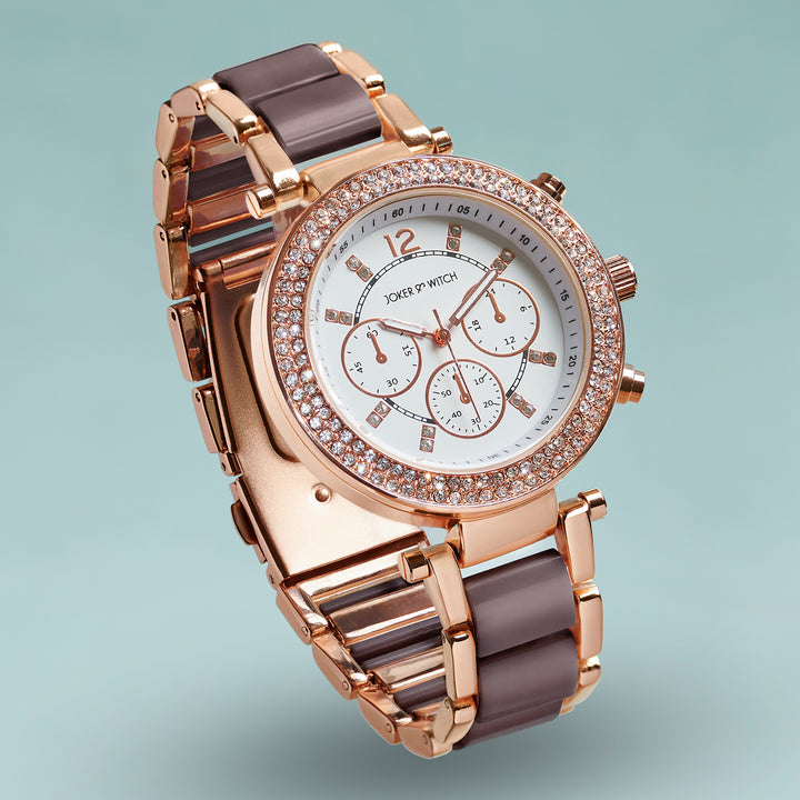 Suzanne White Large Rhinestone Dial Taupe Ceramic Linked Chain Strap Women's Watch