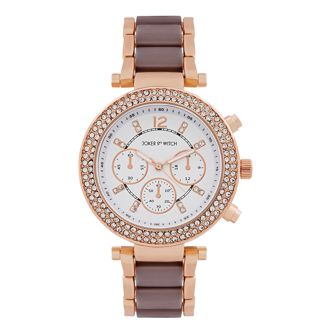 Suzanne White Large Rhinestone Dial Taupe Ceramic Linked Chain Strap Women's Watch